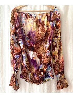 Cache Women's Medium Silk Long Sleeve Blouse with Smocked Waist and Ruffled Cuff